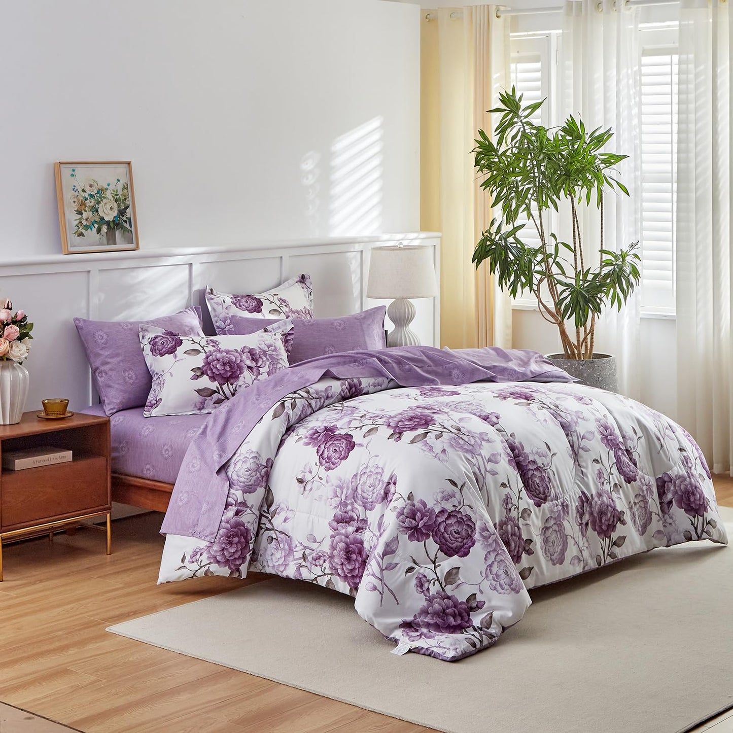 Purple Leaves Bed in a Bag 7 Pieces Floral White Comforter Sheet Set