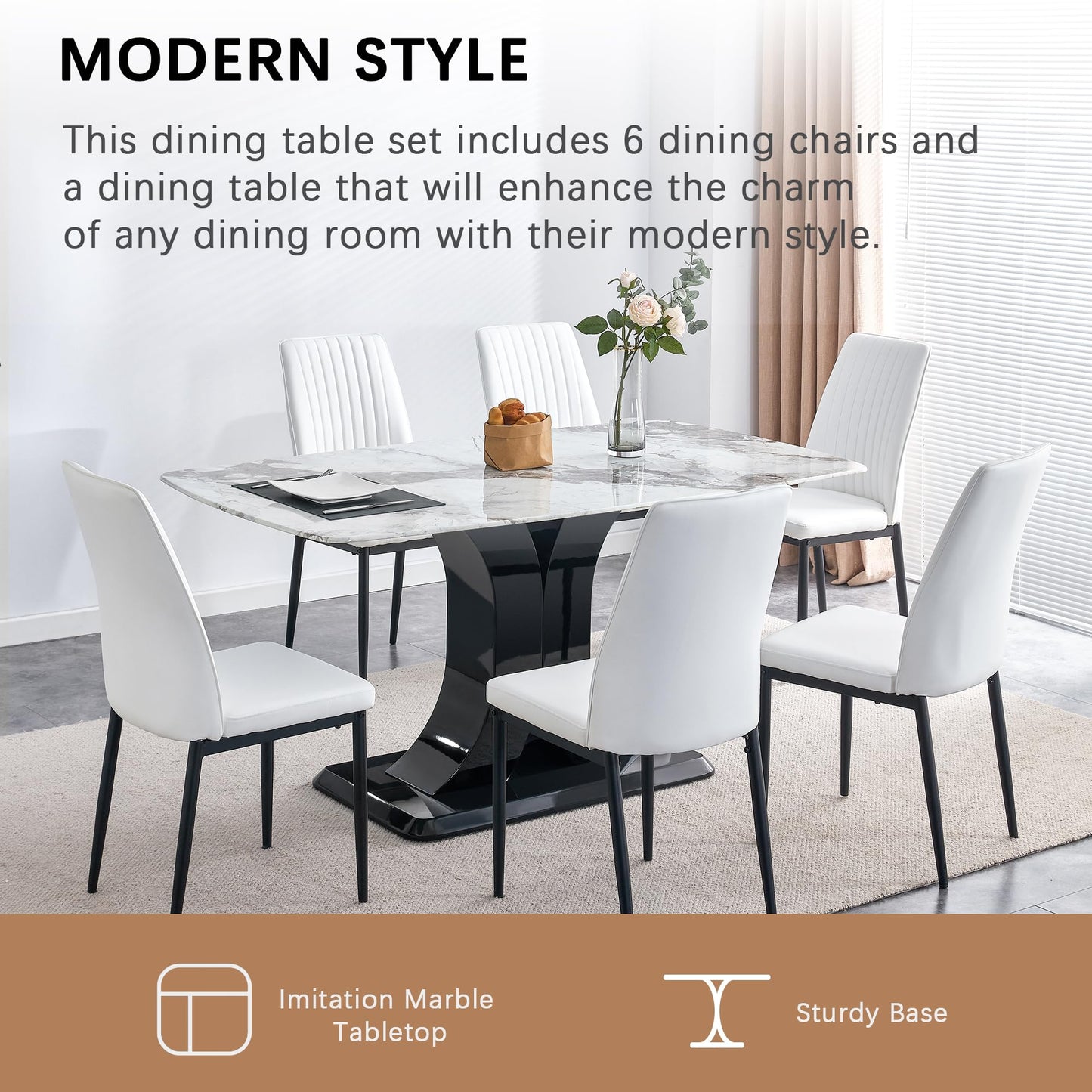 Dining Table Set for 6, White Faux Marble Pattern Table with 6 Modern Dining Chairs