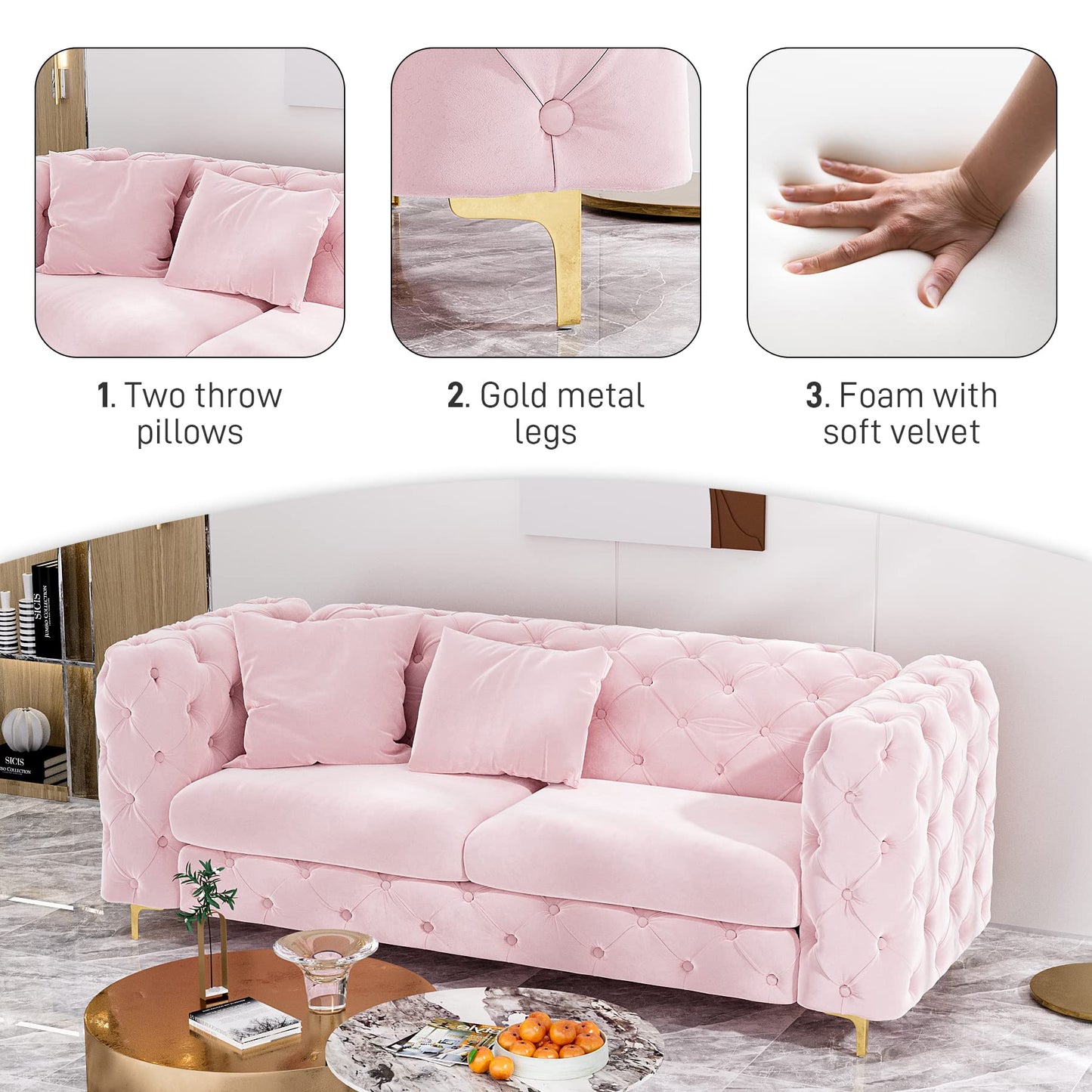 75 Inch Sofa Couch Modern Velour Upholstered Couch Tufted Casual Velvet Sofa