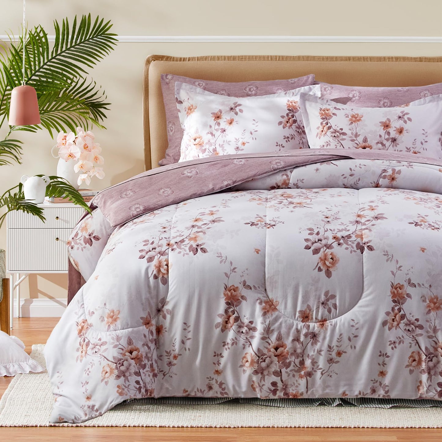 Purple Leaves Bed in a Bag 7 Pieces Floral White Comforter Sheet Set