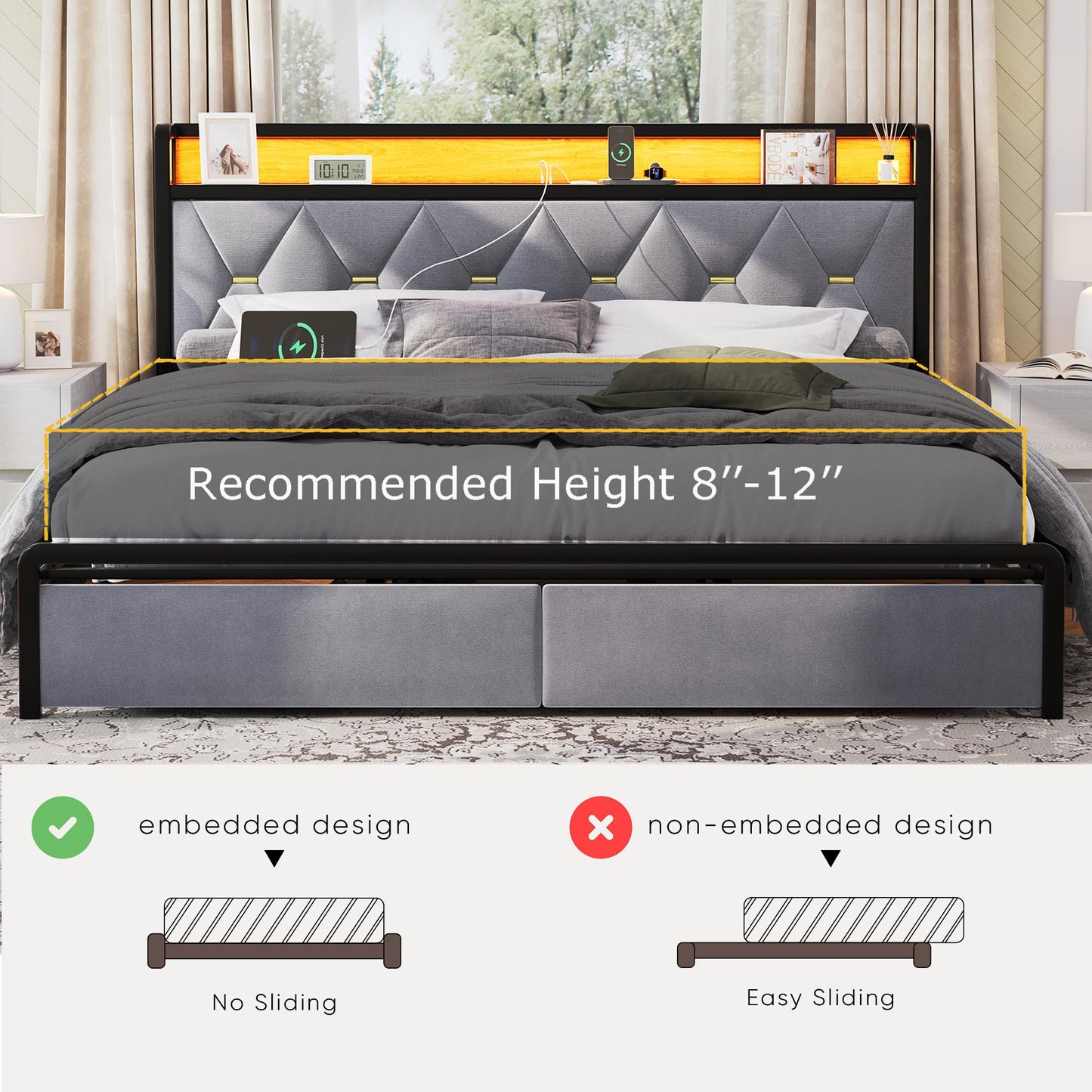 Led King Platform Bed Frame with Faux Leather Storage Headboard