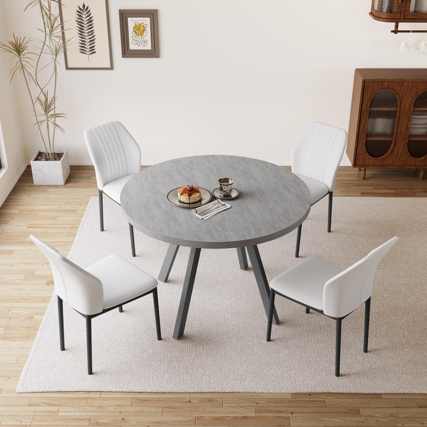 Round Dining Table Set for 4,  (Dining Table + 4 Black Chairs)