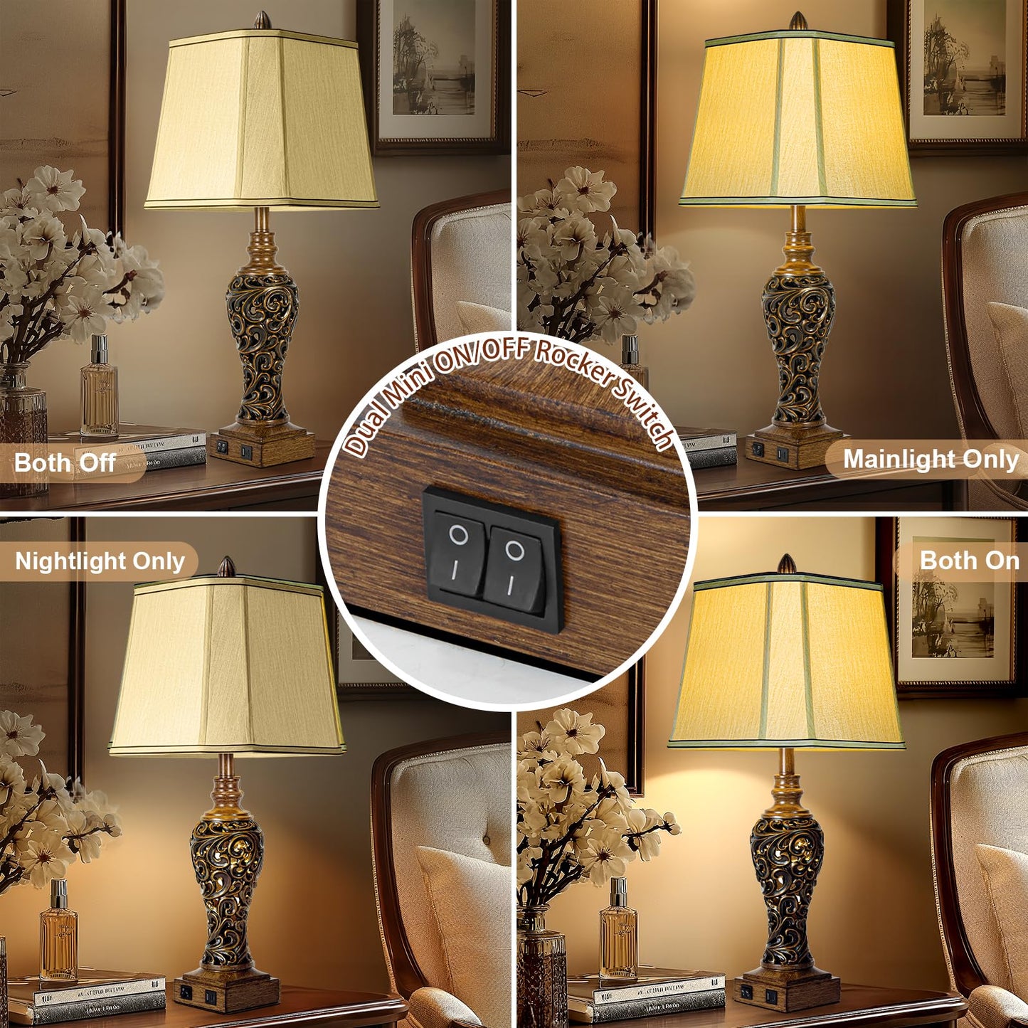 Table Lamps Set of 2 - Fabric Shades with USB and Nightlight