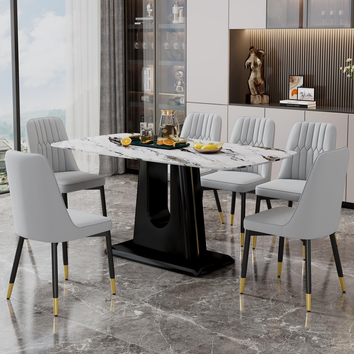 Dining Table Set for 6, White Faux Marble Pattern Table with 6 Modern Dining Chairs