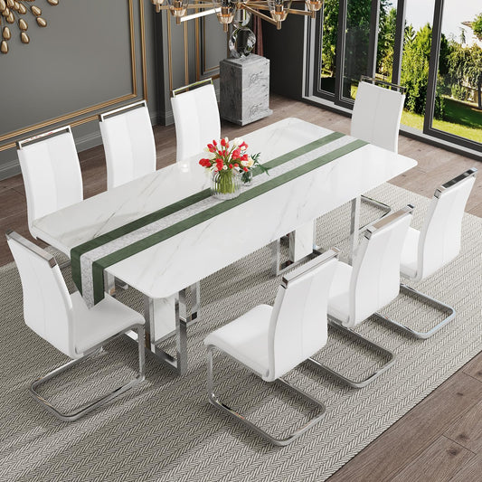 79'' Modern Dining Table Set for 8,Luxury Set with 1.8-inch Thick Faux Marble Table Top