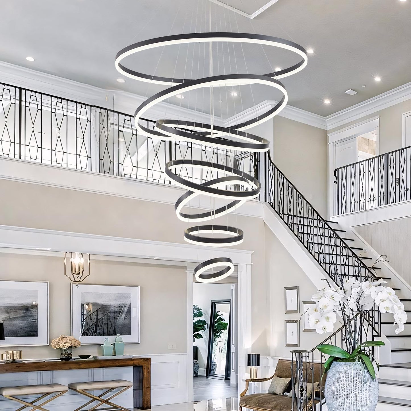 Gold Staircase Hanging 12 Ring Long Led Chandelier Dimmable with Remote Controller