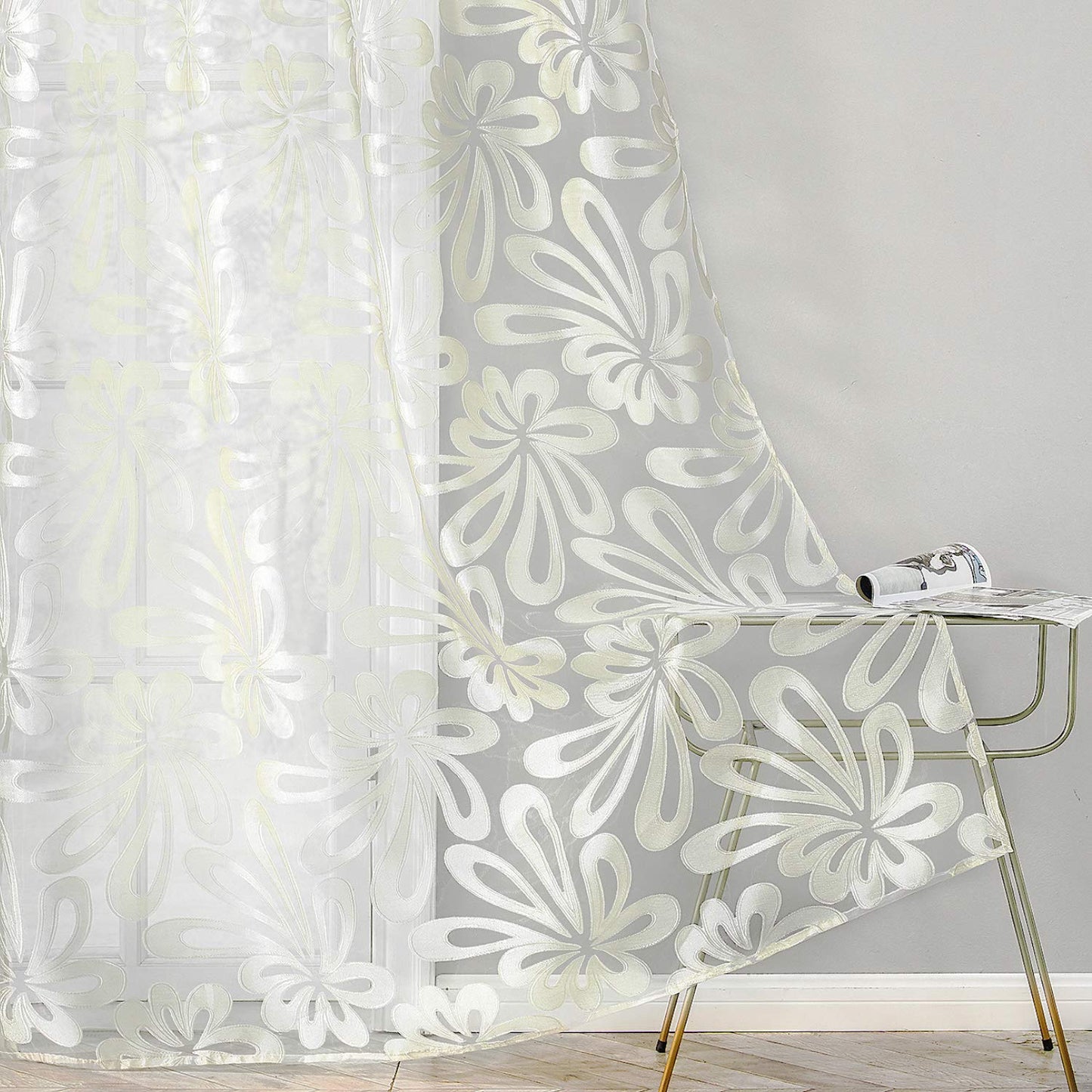 Floral Voile Sheer Curtains 84 Inches Long - Window Treatments 2 Panels