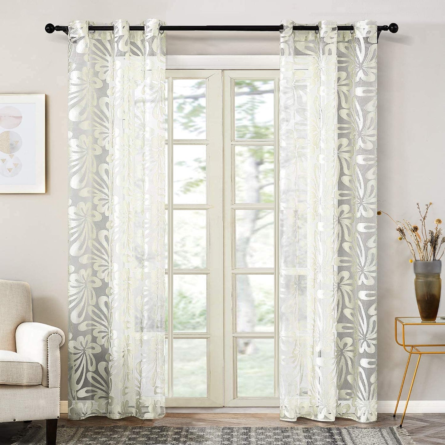 Floral Voile Sheer Curtains 84 Inches Long - Window Treatments 2 Panels