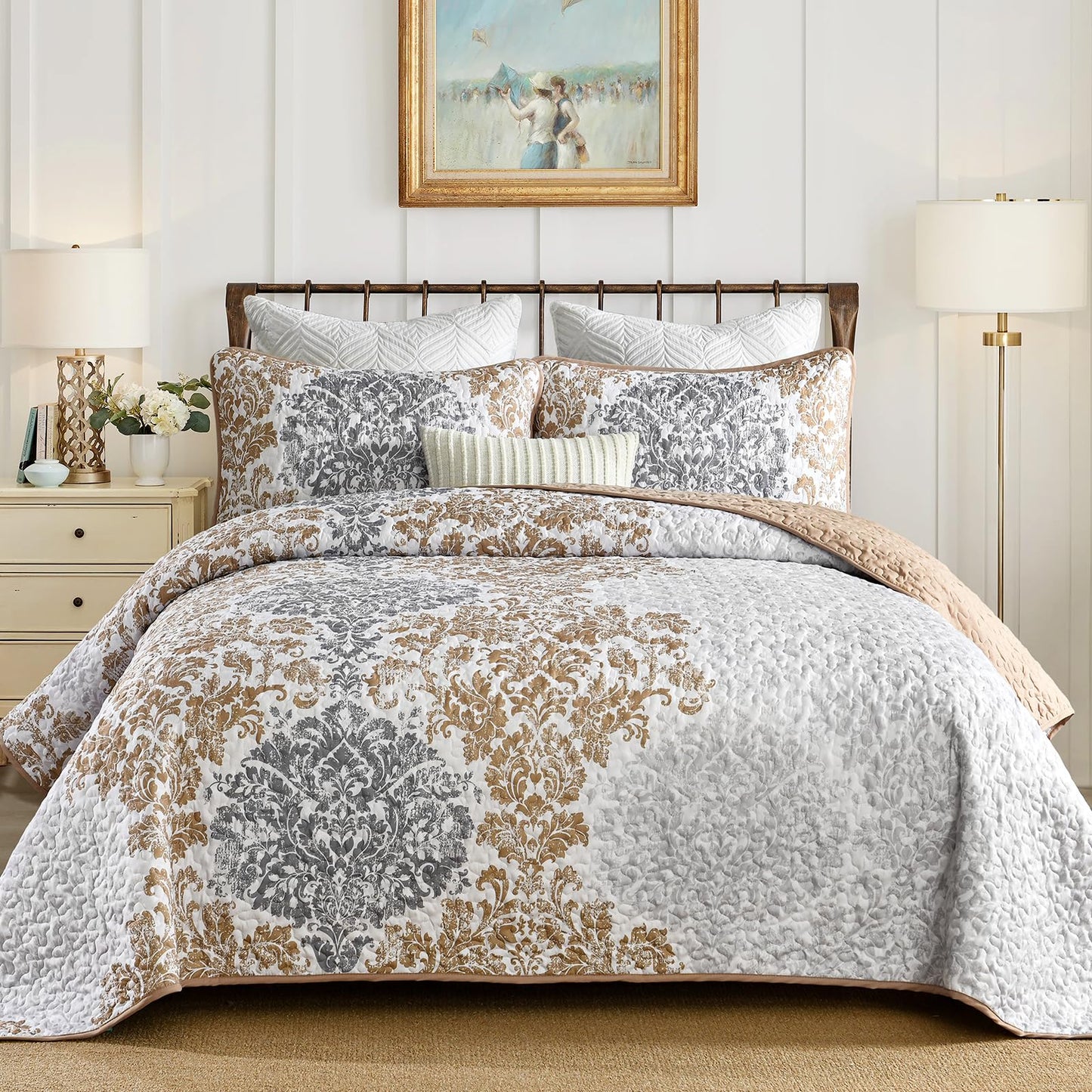 Blue Quilt Set Queen Size Boho Damask Bedspread Sets