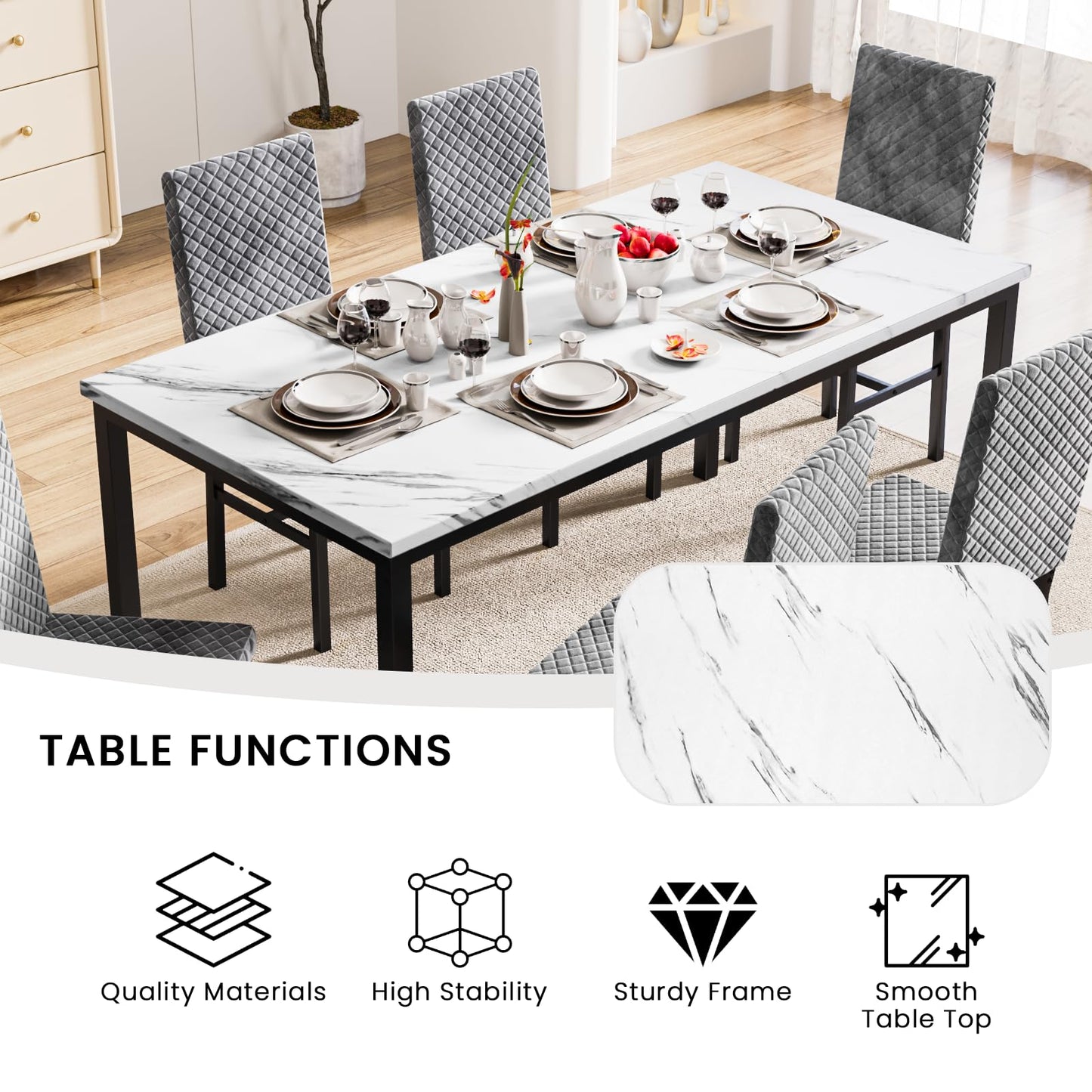 Dinner Table for 6, Marble Dining Room Table Set with Velvet Dining Chairs, 7 Piece