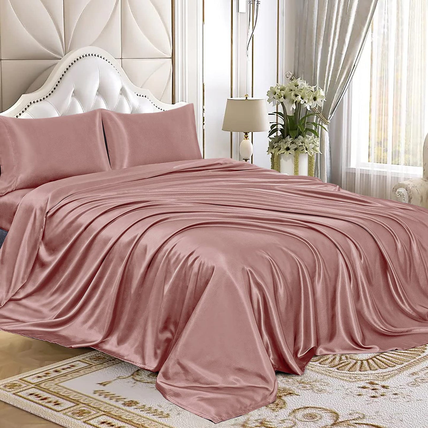 4pcs Satin Sheets Set Luxury Silky Satin Bedding Set with Deep Pocket