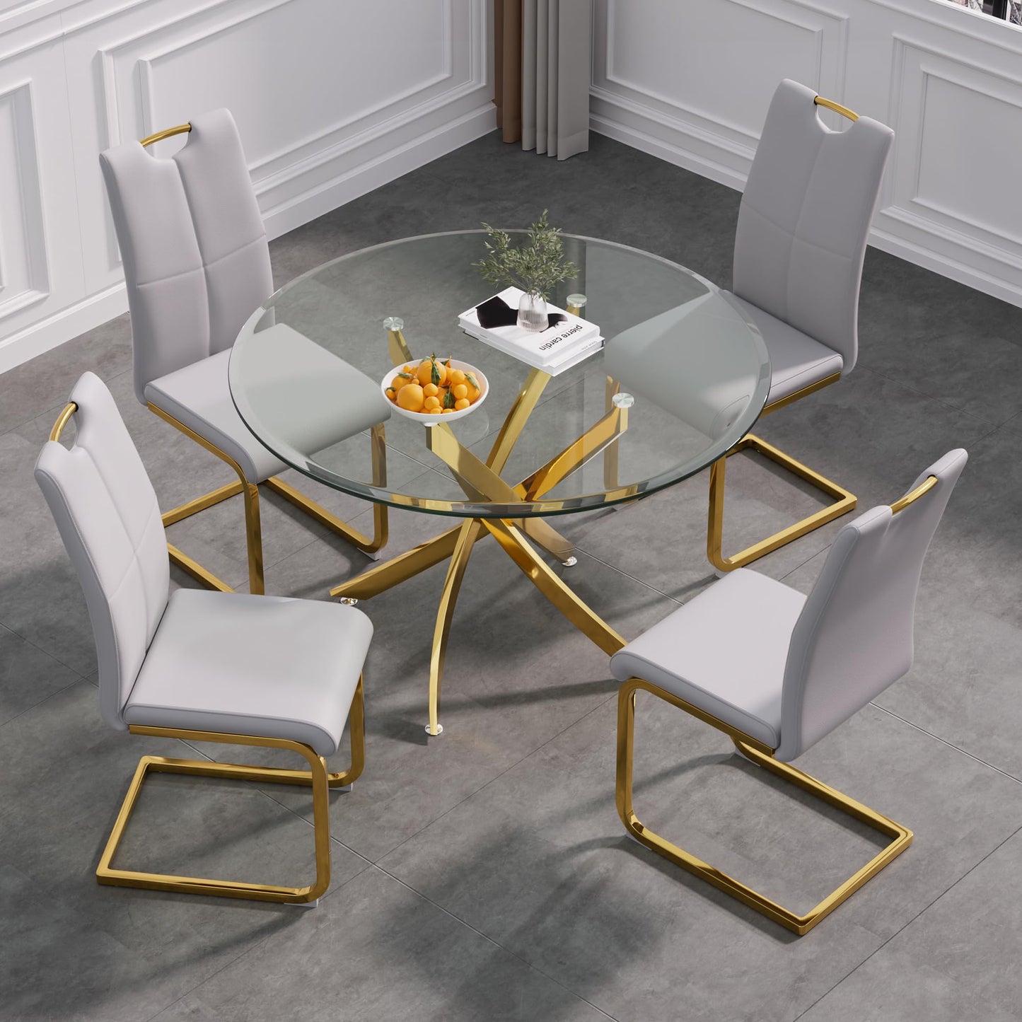 5 Piece Round Glass Dining Table Table Set, Round Glass with 4 PU Dining Chairs