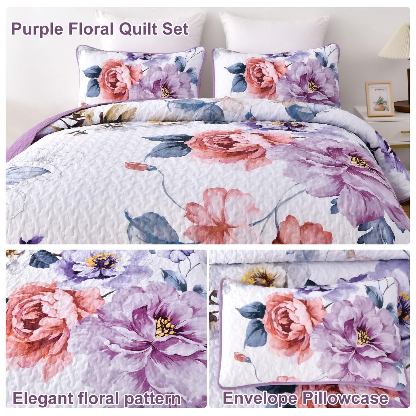 Purple Floral Quilt Set Queen Size, 3 Pieces Botanical Flower Printed