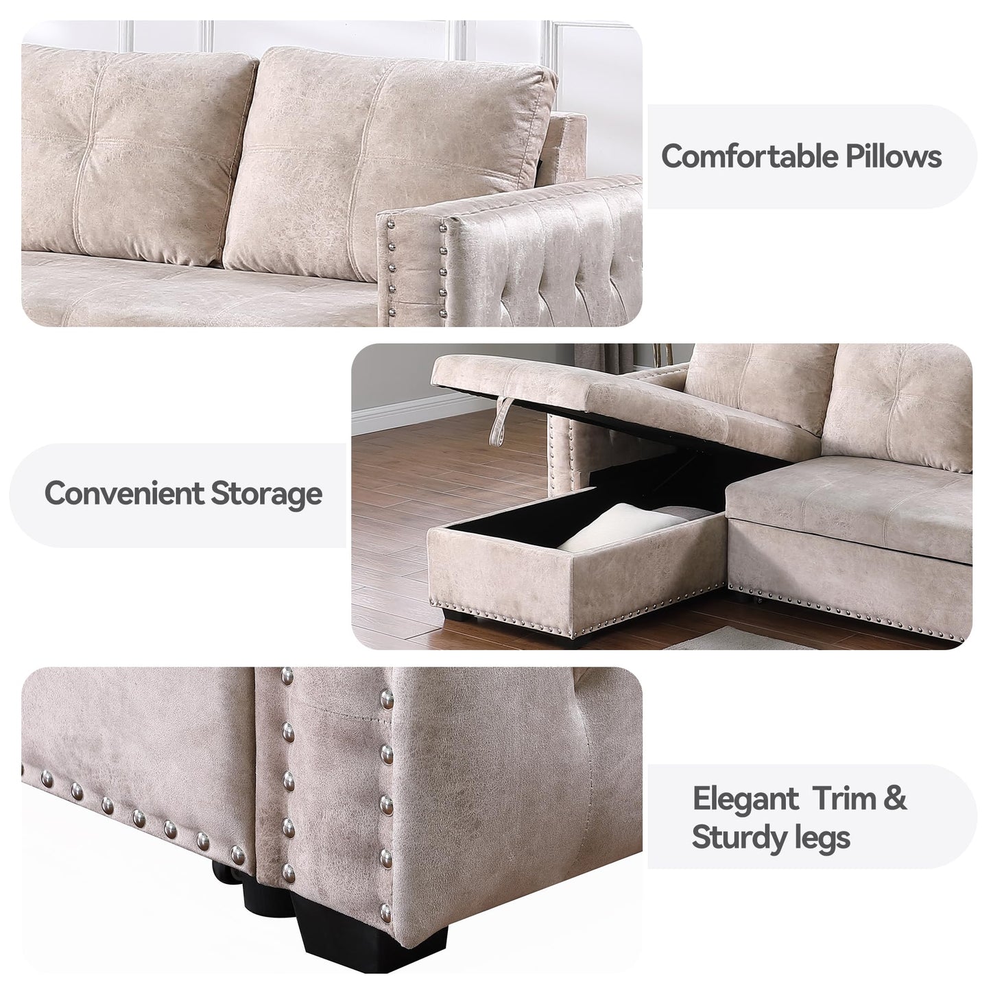 Reversible Sectional Comfy Sleeper Sofa with Pull Out Bed Storage Oversized 91 inches