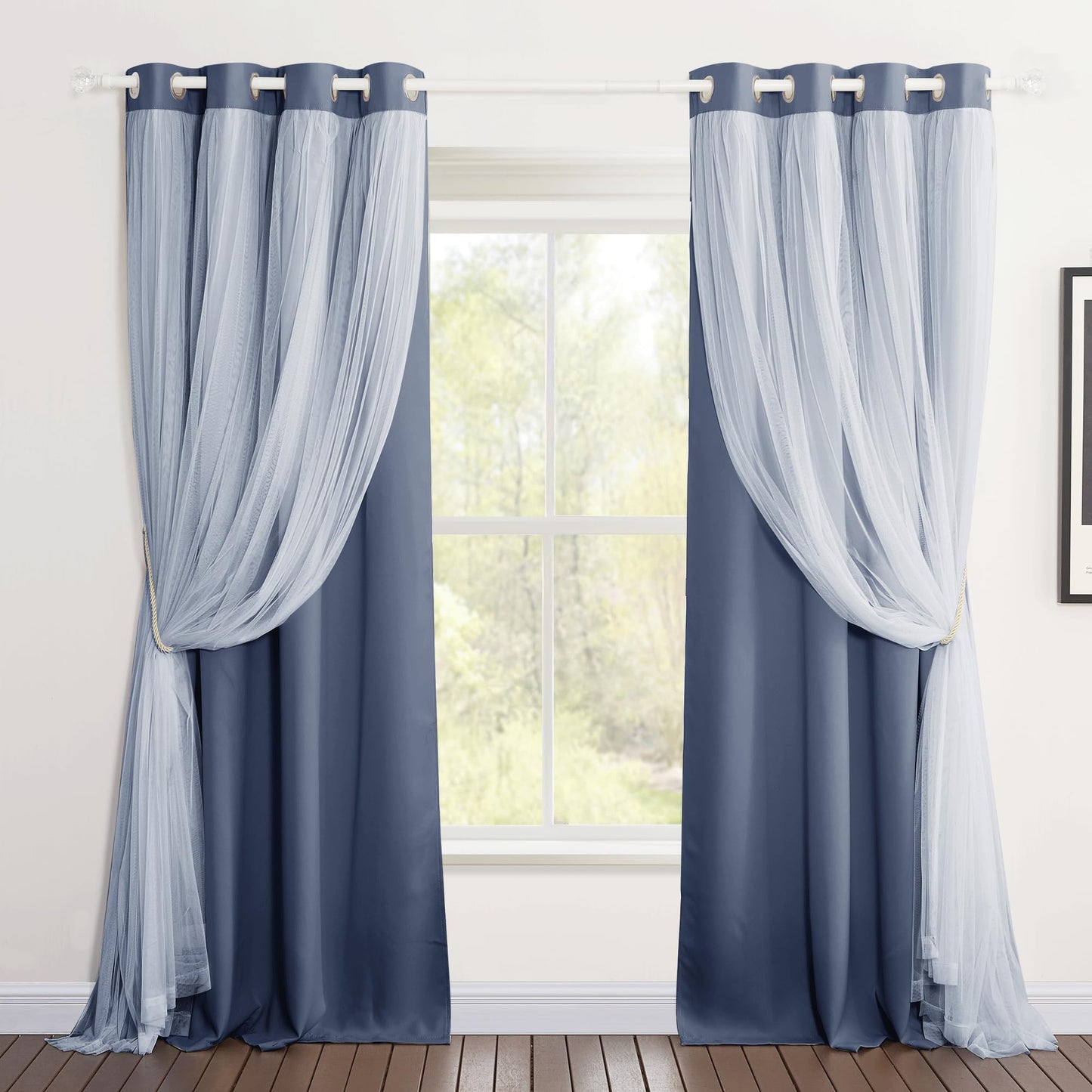 Double-Layered Curtains with Tie-Backs Sheer Drapes Light Blocking, 2 Pcs