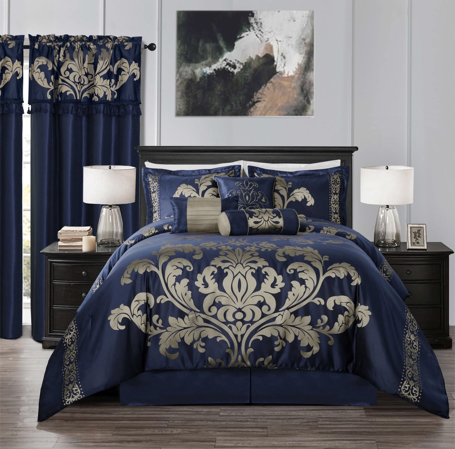 7-Piece Jacquard Floral Comforter Set (Queen, Navy/Gold)