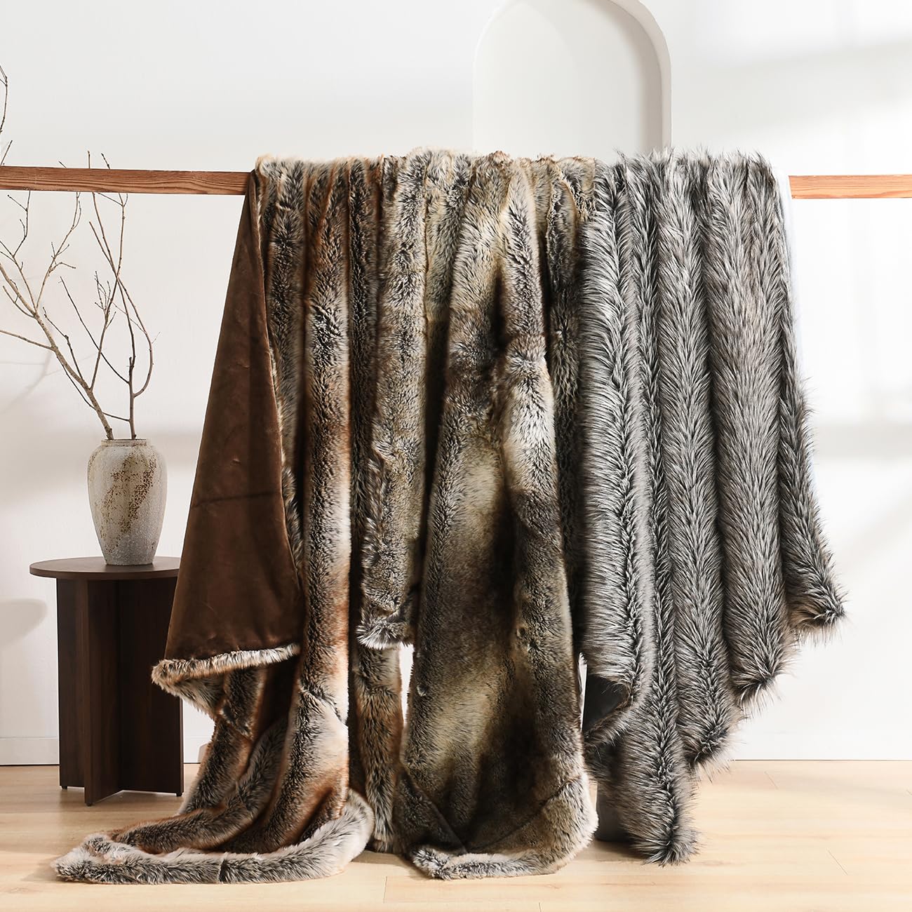 Luxury Plush Faux Fur Blanket King Size, Long Pile Brown with Black