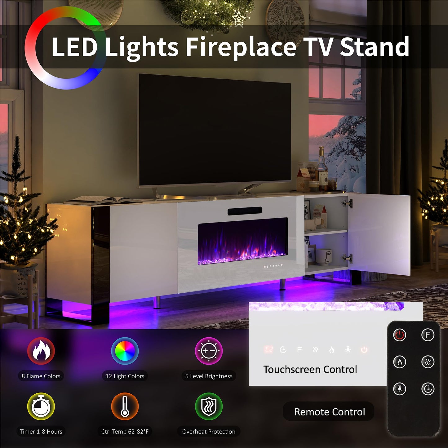 70" Fireplace TV Stand with 36" Electric Fireplace, High Gloss with LED Lights