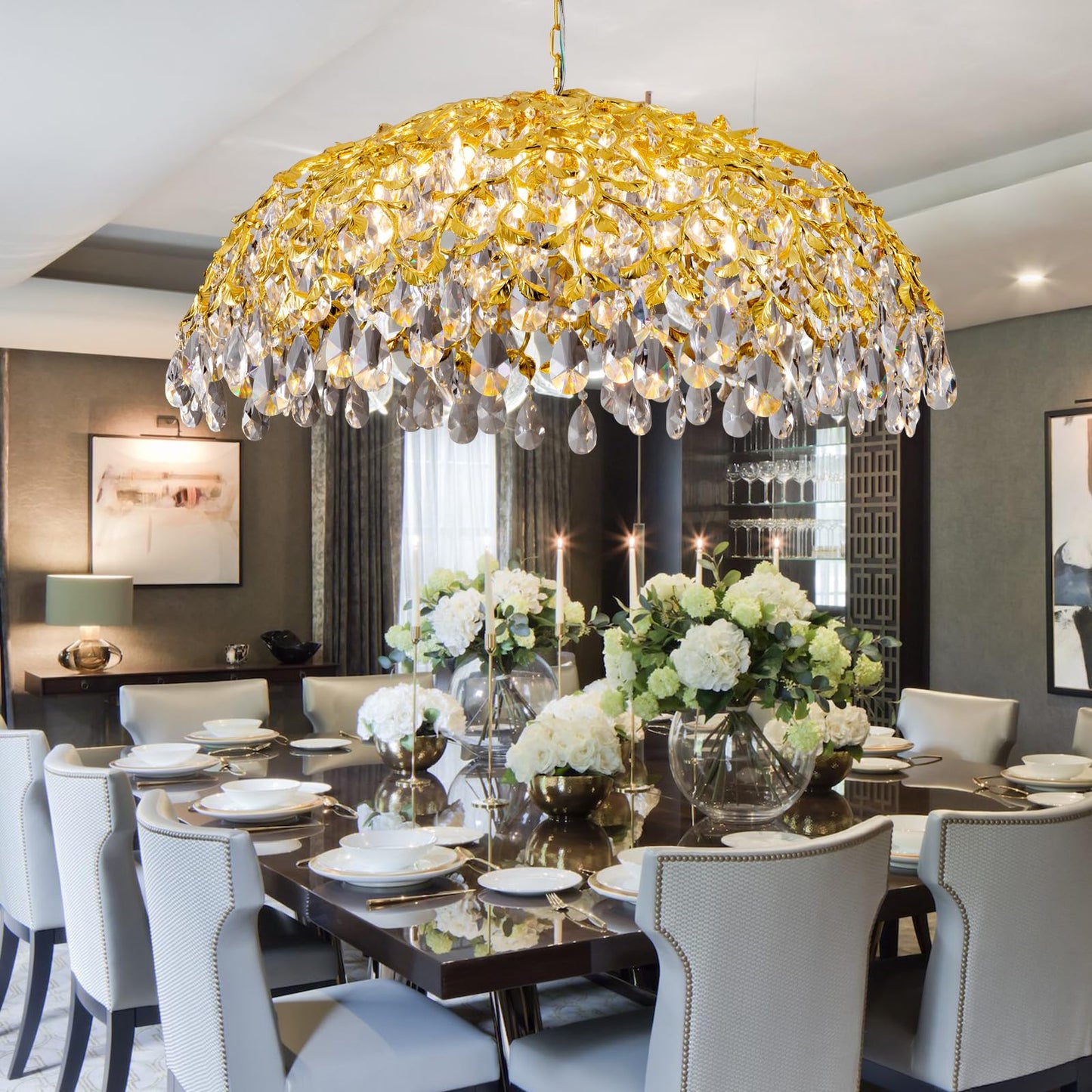 Modern Crystal Chandelier, Gold Pendant Flower Hanging Lighting