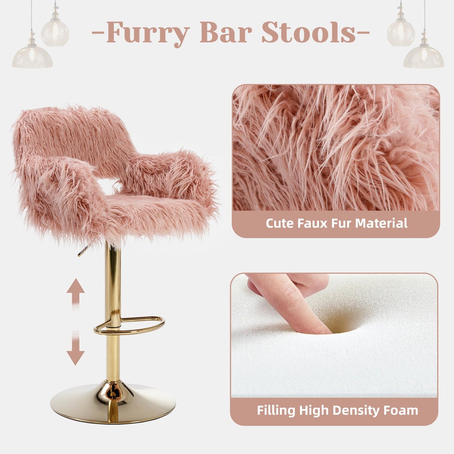 Pink Bar Stools Set of 2, Fuzzy Gold Counter Stools for Kitchen Island