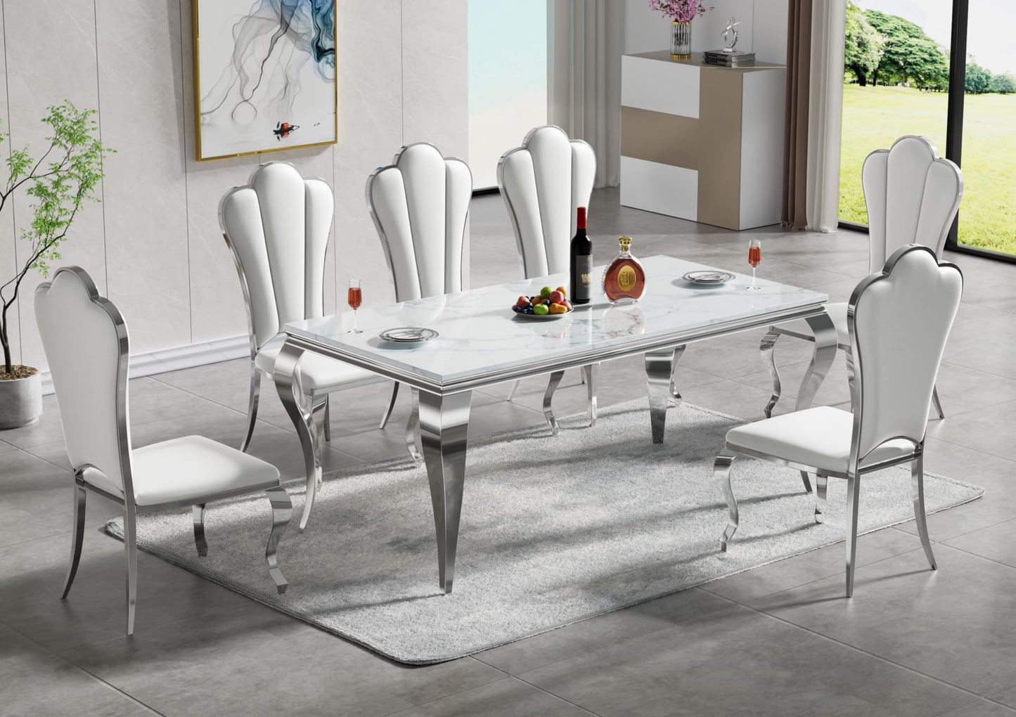 70 Inch White Marble Kitchen Table with Gold Mirrored Cabriole Legs