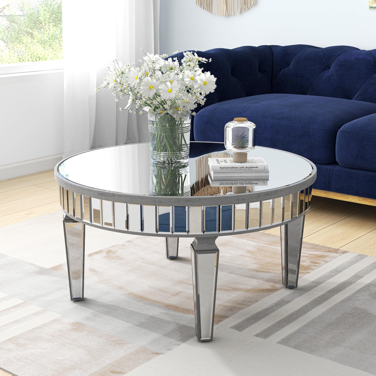 31.5'' Modern Round Coffee Table with Mirror Surface, Silver Accent Table