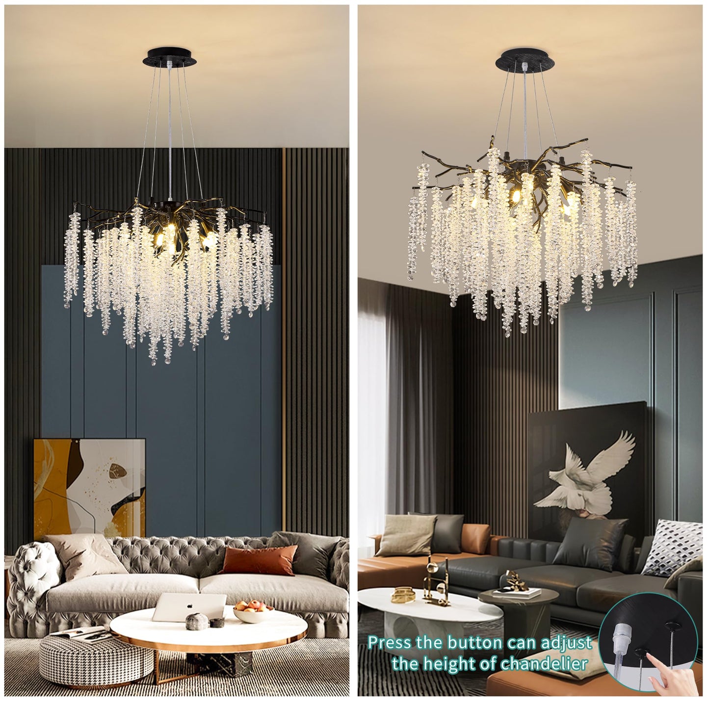 Modern Crystal Tree Branches Chandelier Gold Round Raindrop