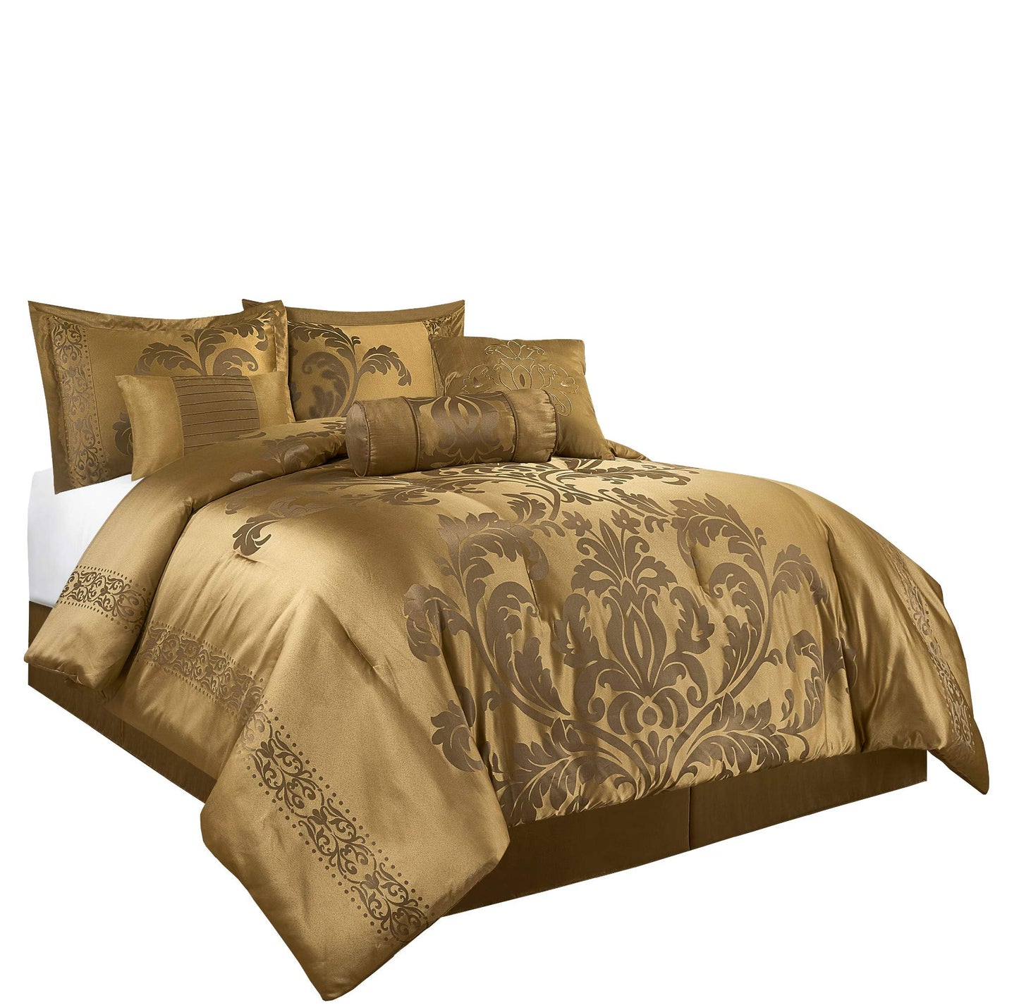 7-Piece Jacquard Floral Comforter Set (Queen, Navy/Gold)