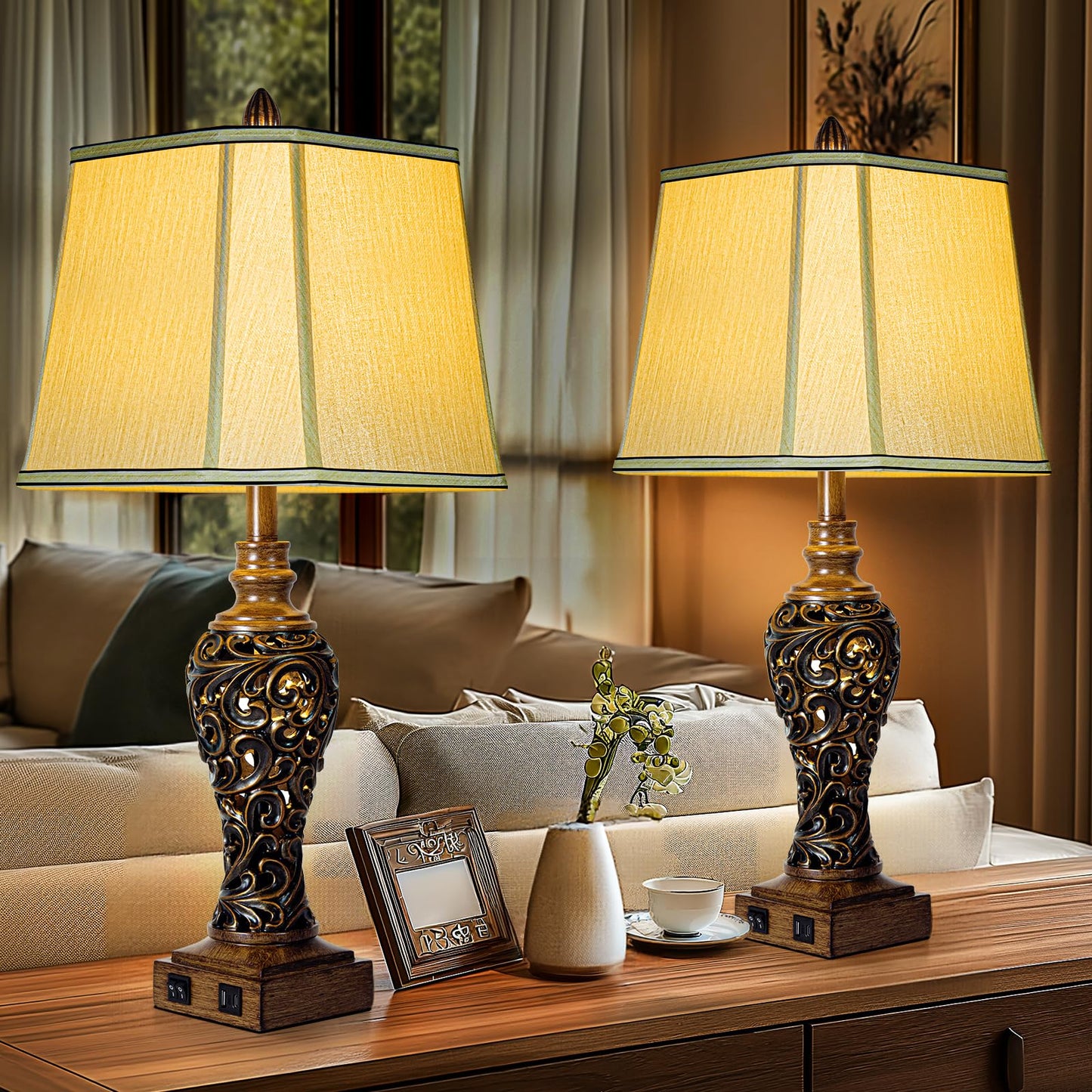 Table Lamps Set of 2 - Fabric Shades with USB and Nightlight