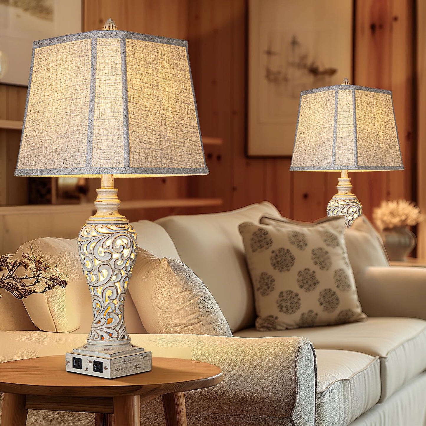 Table Lamps Set of 2 - Fabric Shades with USB and Nightlight