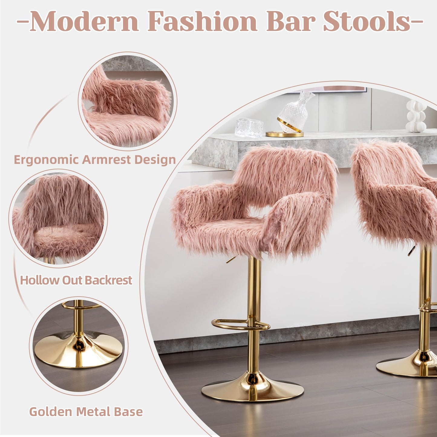 Pink Bar Stools Set of 2, Fuzzy Gold Counter Stools for Kitchen Island