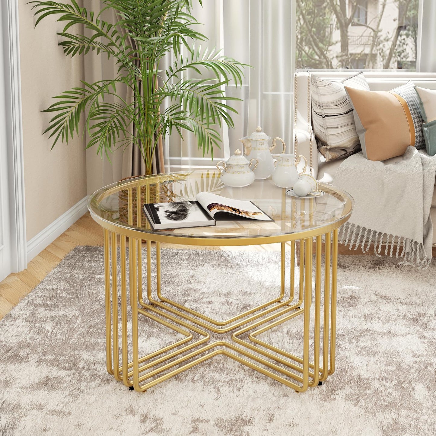 Coffee Tables for Living Room, Round Gold Glass Top Coffee Table