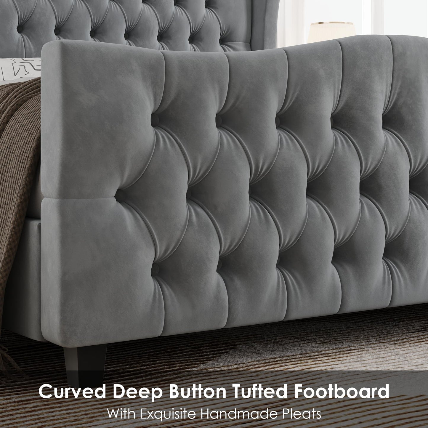 Tall Platform Bed Frame with Deep Button Tufted Wingback Headboard and Footboard