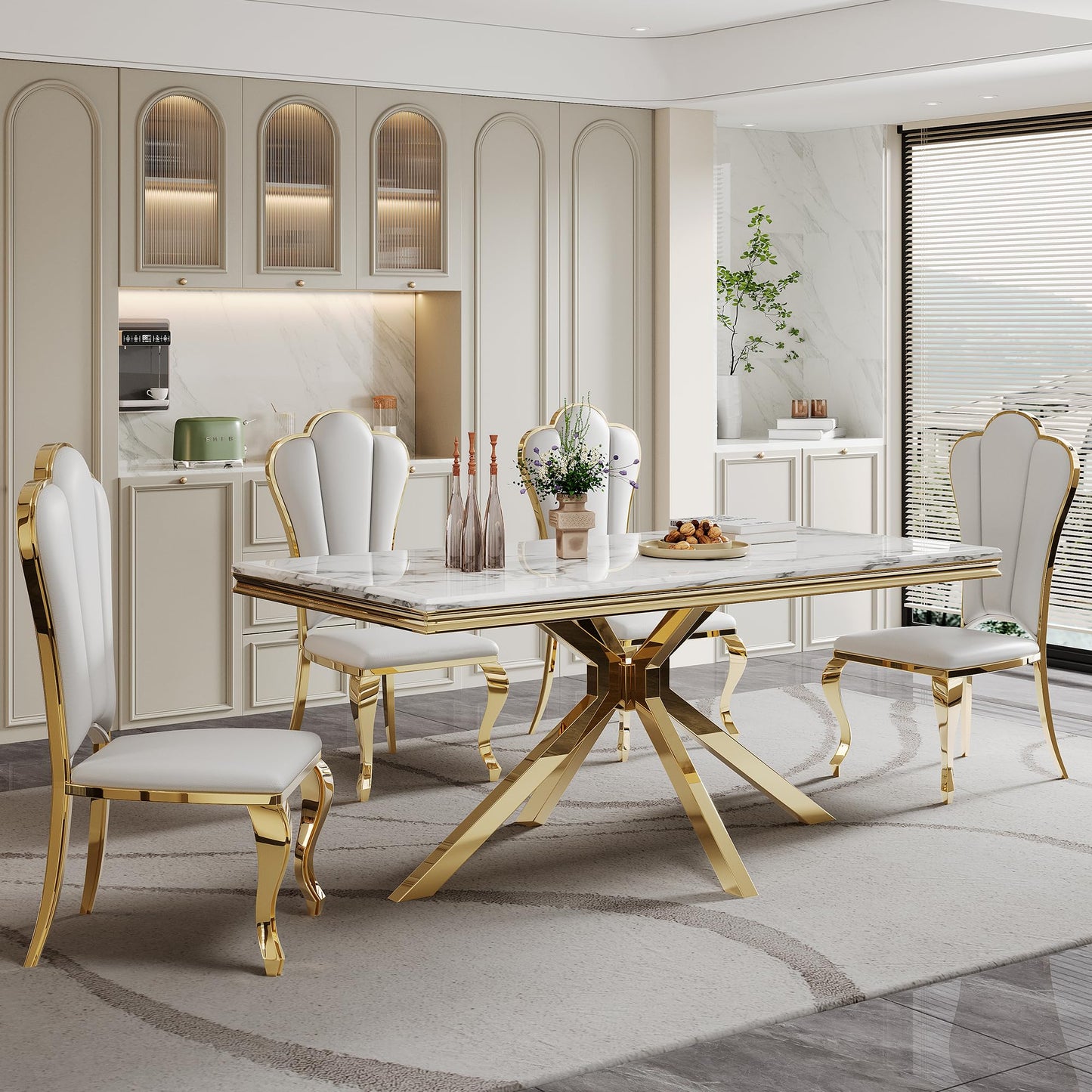 70 Inch White Marble Kitchen Table with Gold Mirrored Cabriole Legs