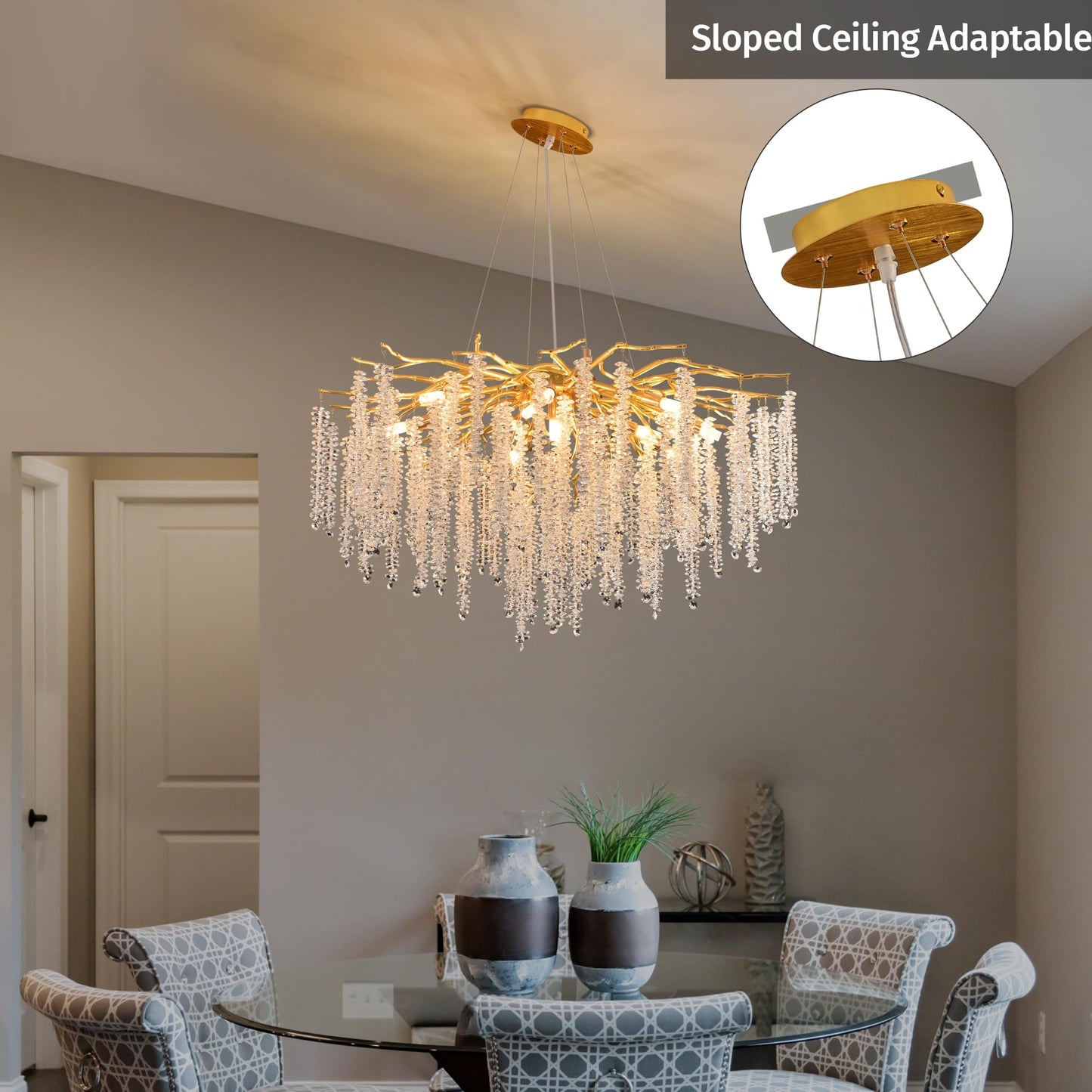 Modern Crystal Tree Branches Chandelier Gold Round Raindrop