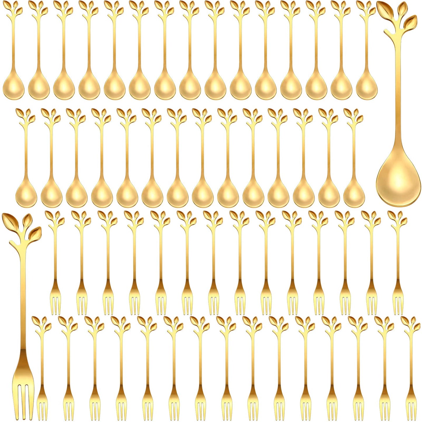 Stainless Steel Leaf Coffee Spoon and Appetizer Fork Tableware (Gold, 40 Pieces)