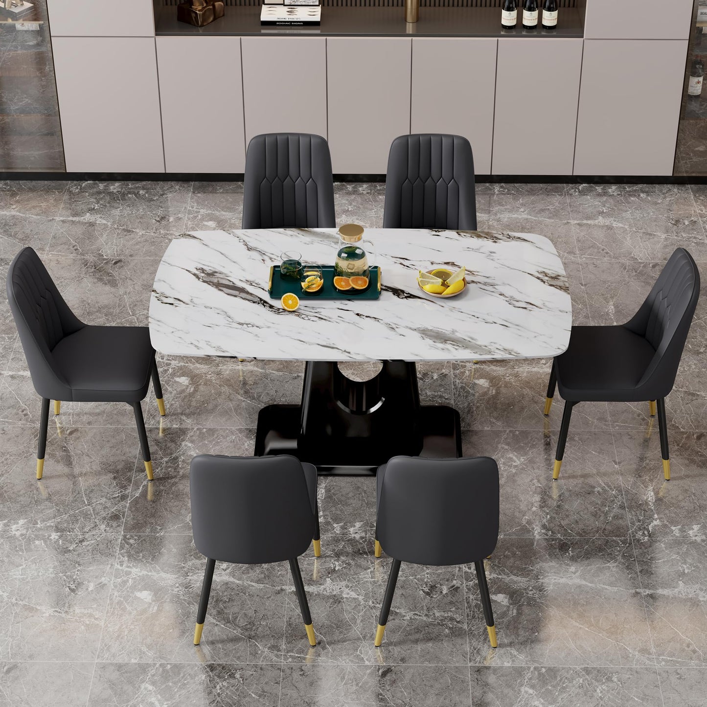 Dining Table Set for 6, White Faux Marble Pattern Table with 6 Modern Dining Chairs