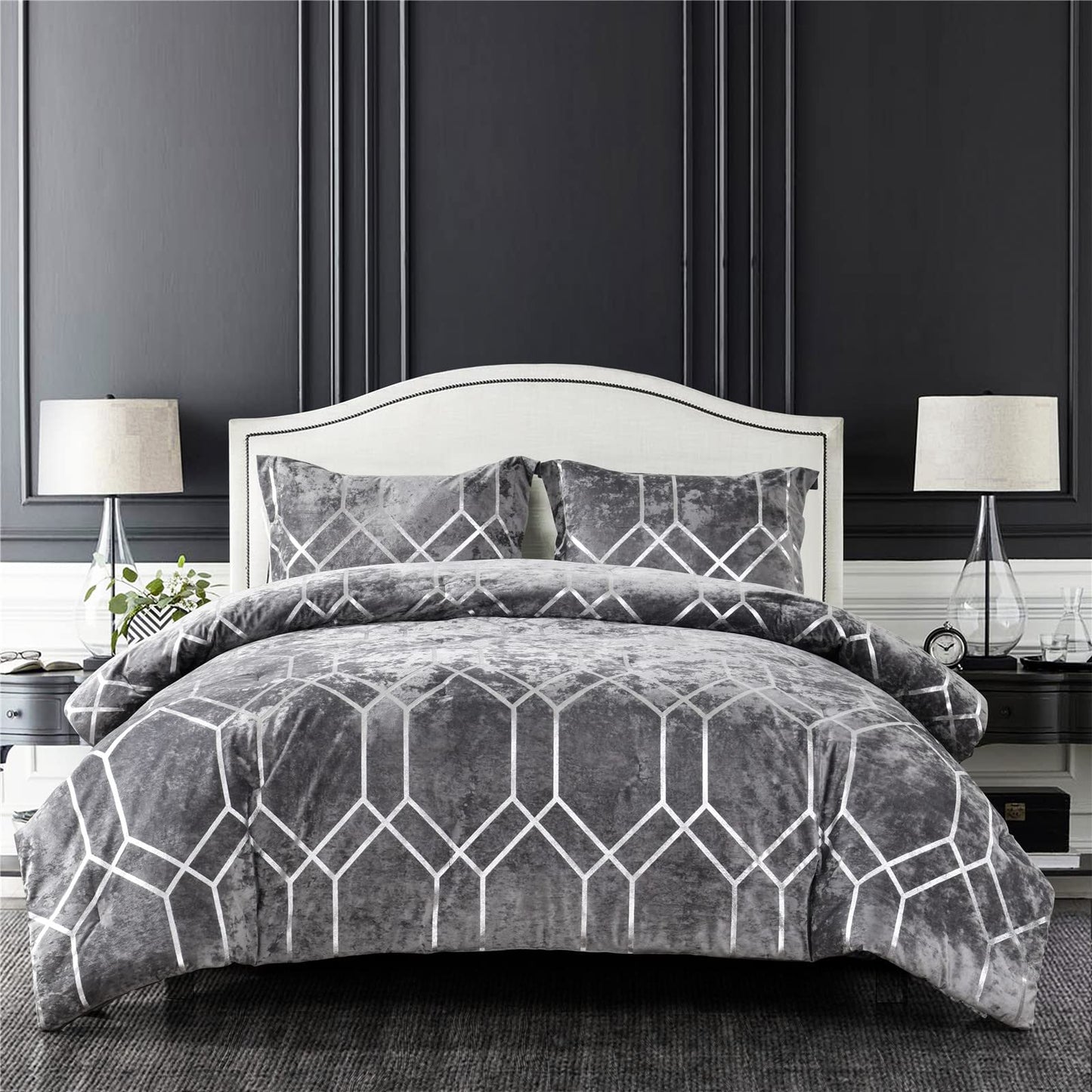 Metallic Print Comforter Set, Distressed Velvet Face with Metallic Print