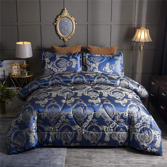 Comforter Set Satin Silk Blanket All Season Bed Luxury Royal Blue Jacquard