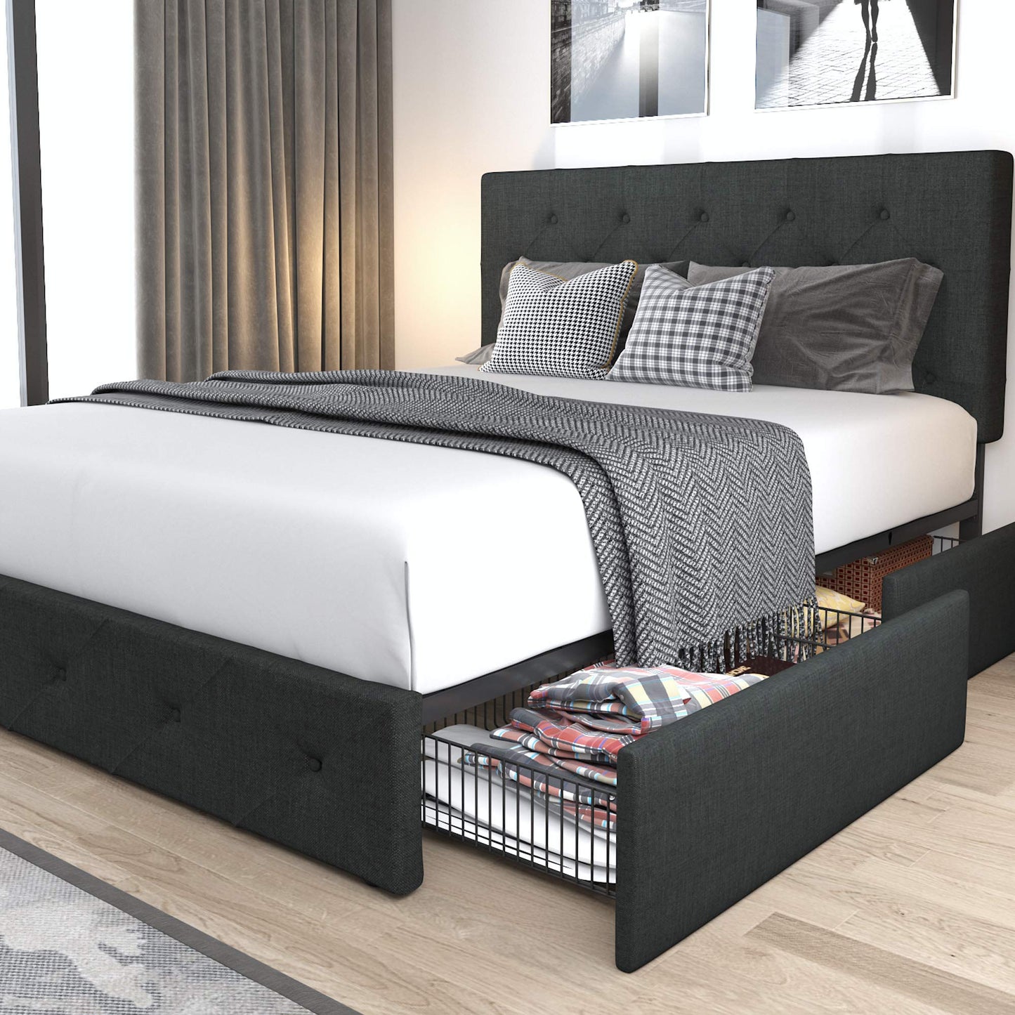 Upholstered Platform Bed Frame with 4 Storage Drawers and Headboard