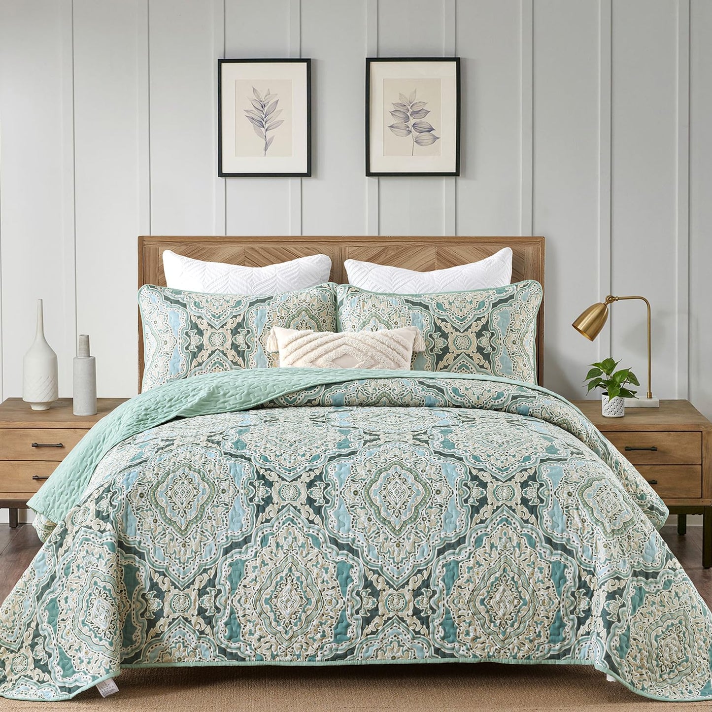 Blue Quilt Set Queen Size Boho Damask Bedspread Sets