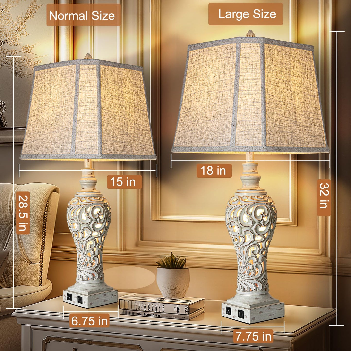 Table Lamps Set of 2 - Fabric Shades with USB and Nightlight