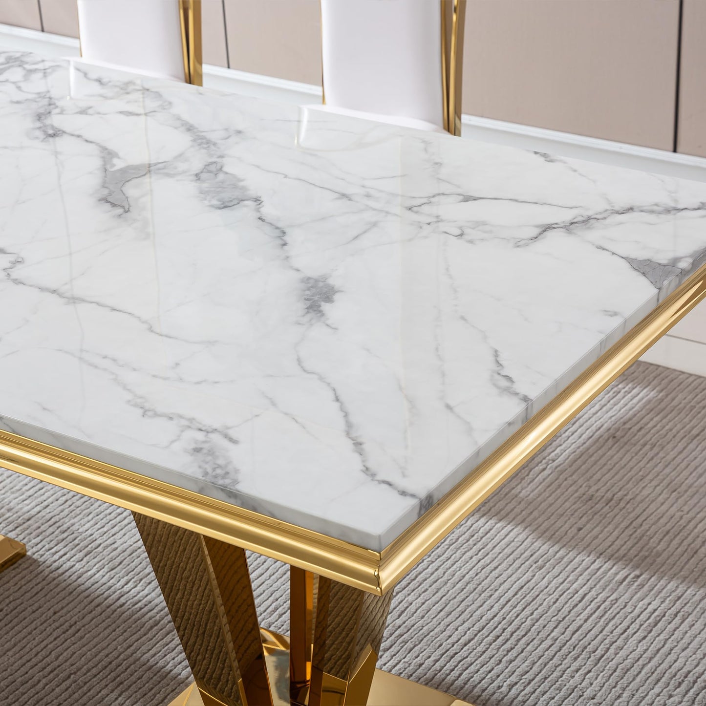 70 Inch White Marble Kitchen Table with Gold Mirrored Cabriole Legs