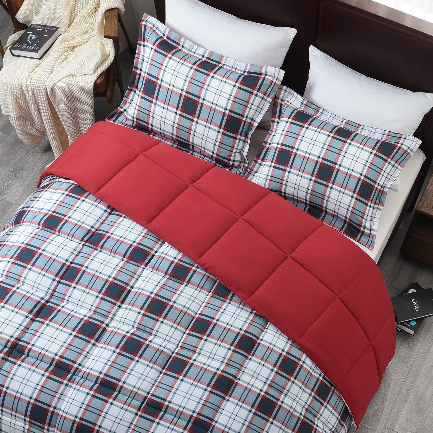 Red and Black Comforter Set Queen Size, Reversible and 2 Pillow Shams