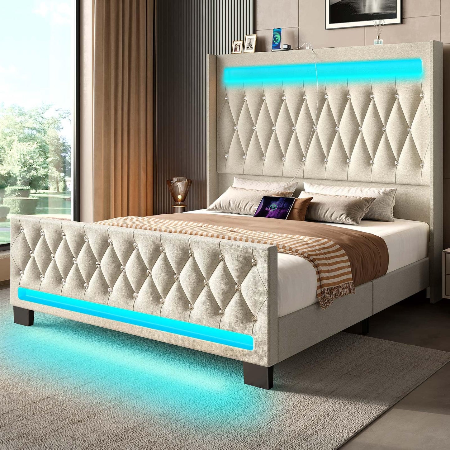 LED Light and Charging Station, Upholstered High Headboard and Footboard