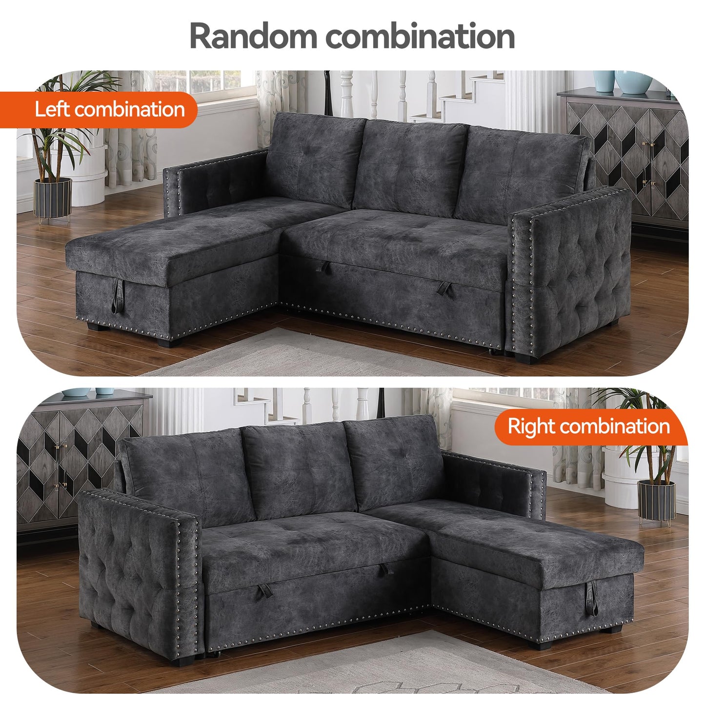 Reversible Sectional Comfy Sleeper Sofa with Pull Out Bed Storage Oversized 91 inches