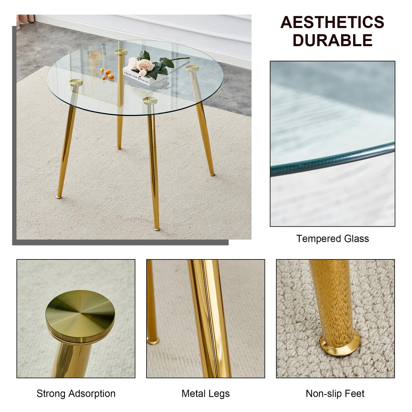 Gold Round Glass Dining Table Set for 4