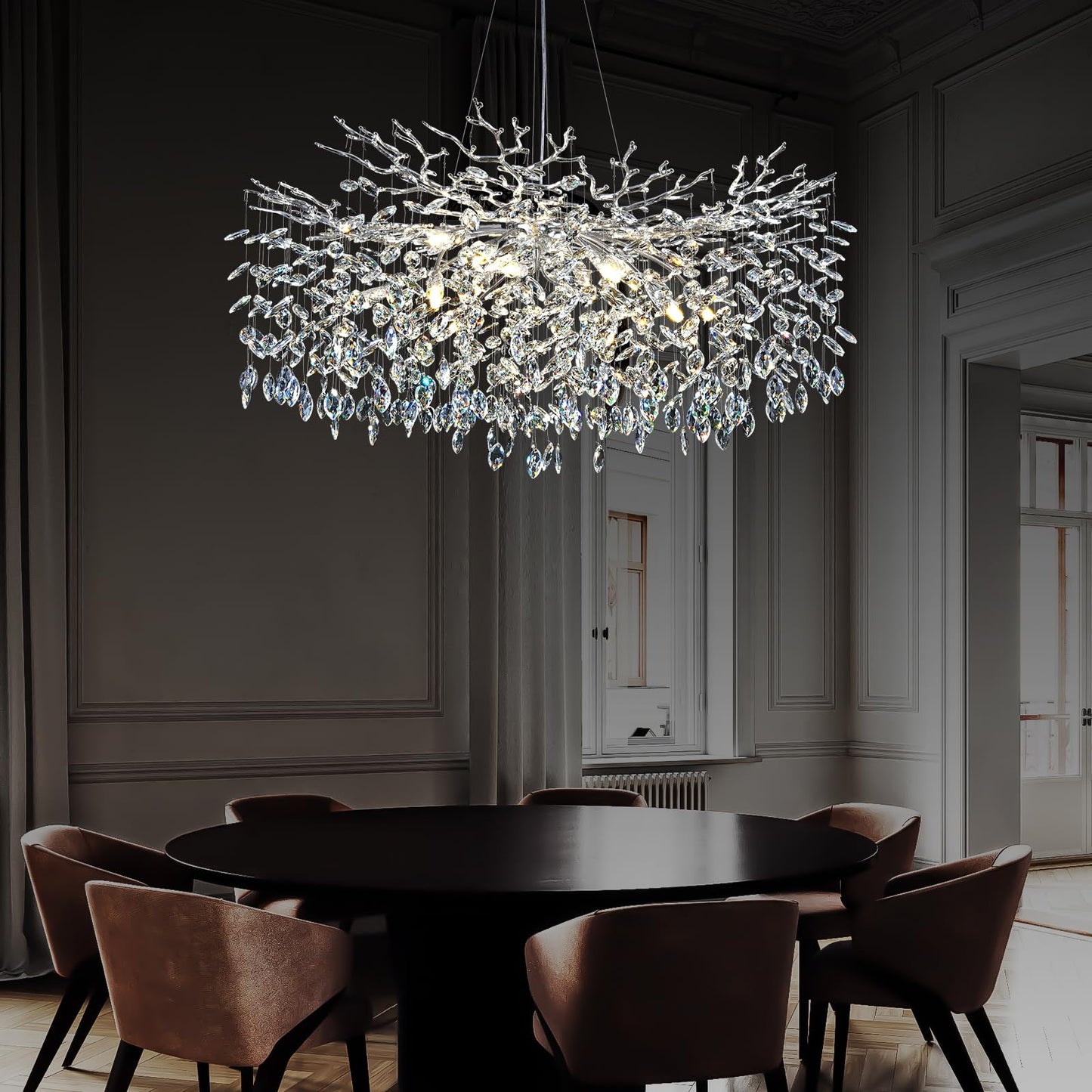 H134'' Modern Crystal Tree Branch Chandelier, Foyer High Ceiling Chandelier