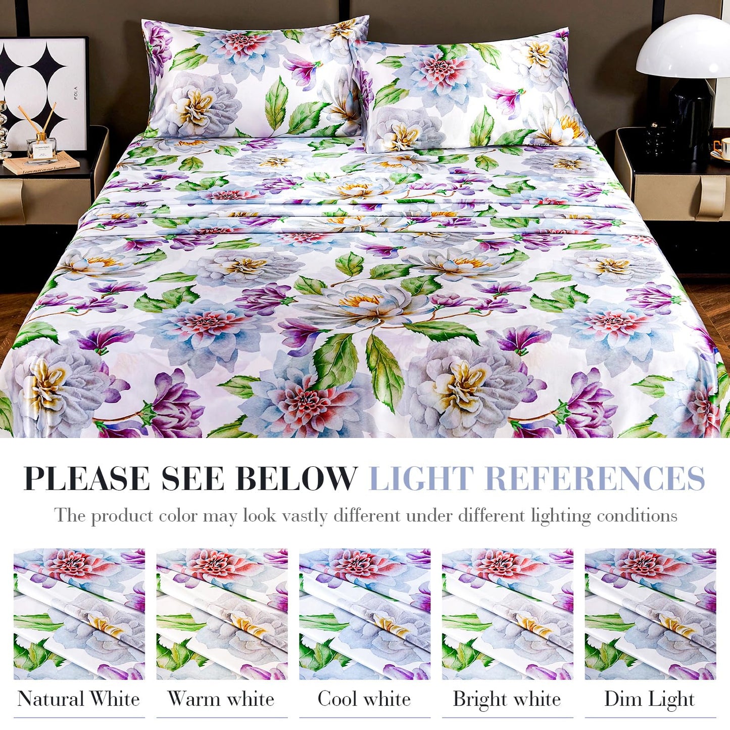 Floral Print - Luxurious Silky Feel Queen Sheet Set - Elegant Smooth Satin Bed Sheets