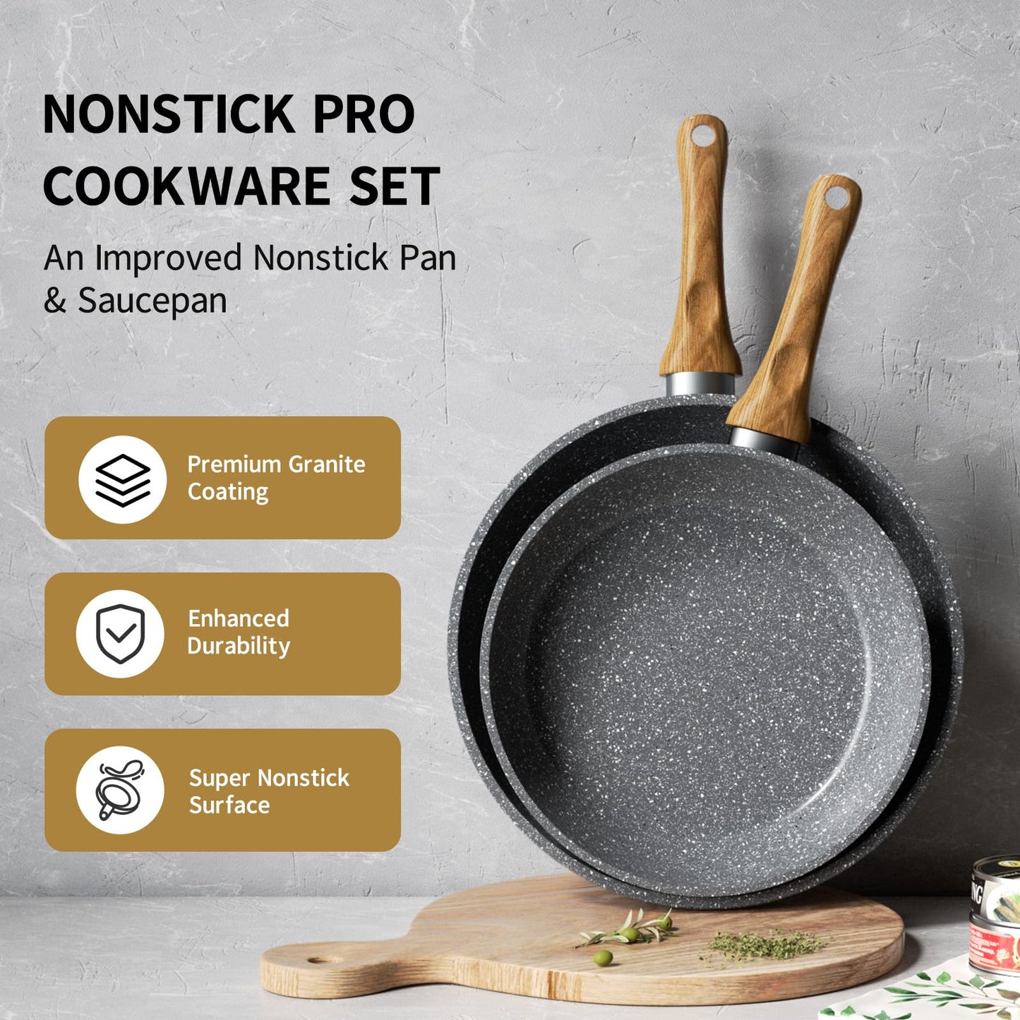 Nonstick Frying Pan Set, Non Stick Sauce Pan Set with Lid Gold Granite Pans